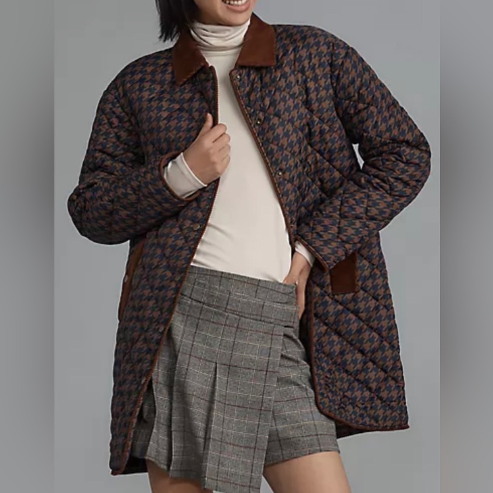KULE, NWT, The Georgie coat, Navy and Brown Houndstooth quilted Jacket, Size S